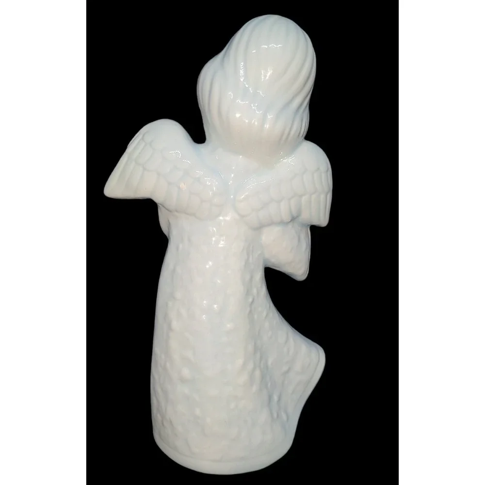 Vintage 8-in Ceramic Angel Girl Playing Harp Mid-century figurine‎ Light Blue